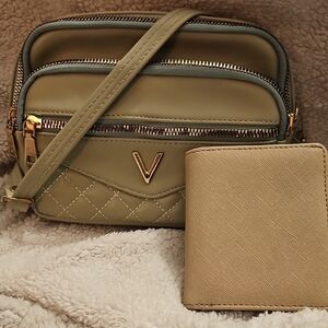 Green and Tan Crossbody Bag with Matching Wallet